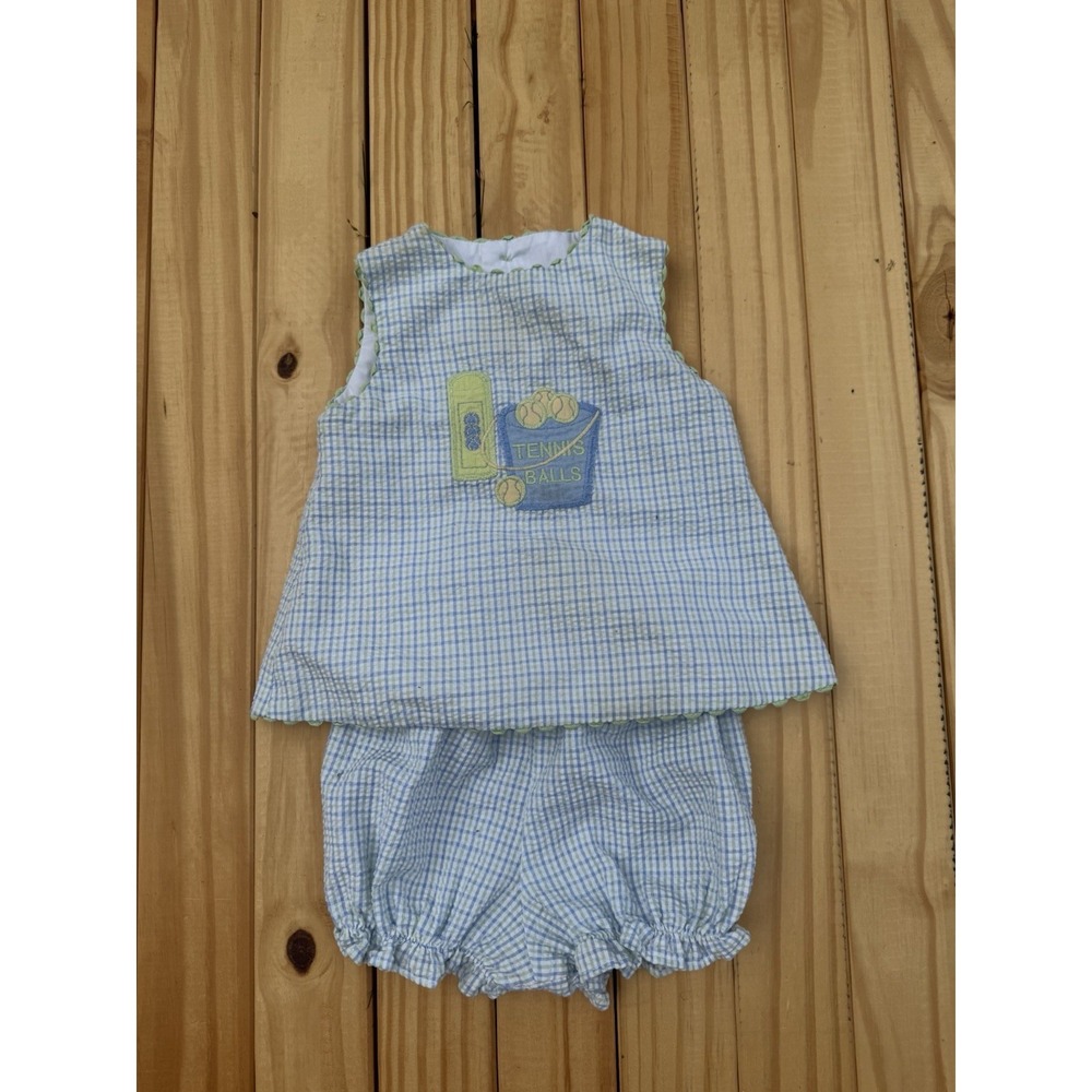 Vintage The Bailey Boys Girls/ Boy 2 Piece Set Gingham Tennis Balls Appliqué 12m